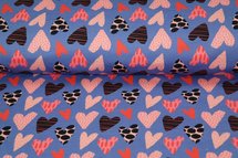 French terry stof met hartjes - paars blauw roze