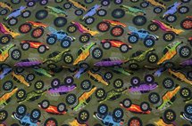 Groene French Terry stof met auto's en monster trucks