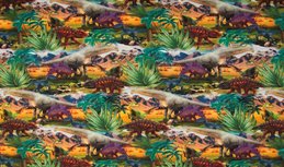 Geel groen bruine tricot stof met dino / dinosaurus Geel groen bruine tricot stof met dino / dinosaurus
