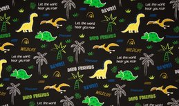 Zwarte French Terry stof met dino's / dinosaurus in neon kleuren Zwarte French Terry stof met dino's / dinosaurus in neon kleuren