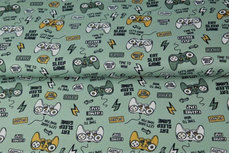 Mint groene tricot stof met game thema Mint groene tricot stof met game thema