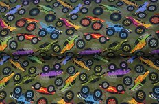 Groene French Terry stof met auto's en monster trucks Groene French Terry stof met auto's en monster trucks