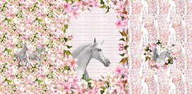 Roze en wit tricot paneel stof Stenzo met paarden en bloemen Roze en wit tricot paneel stof Stenzo met paarden en bloemen