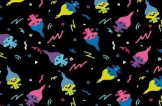 Zwarte tricot stof met neon trollen uit Trolls Zwarte tricot stof met neon trollen uit Trolls