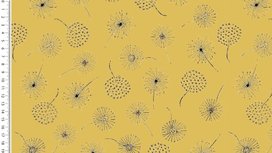 Alpenfleece gele stof met getekende dandelion bloemen en glitters Alpenfleece gele stof met getekende dandelion bloemen en glitters