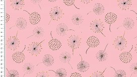 Alpenfleece roze stof met getekende dandelion bloemen en glitters Alpenfleece roze stof met getekende dandelion bloemen en glitters