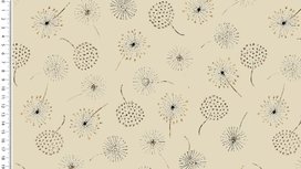 Alpenfleece licht beige stof met getekende dandelion bloemen en glitters Alpenfleece licht beige stof met getekende dandelion bloemen en glitters