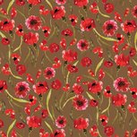 Taupe viscose tricot stof met rode bloemen Taupe viscose tricot stof met rode bloemen