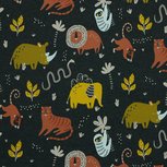Antraciet grijze tricot stof met wilde dieren Antraciet grijze tricot stof met wilde dieren