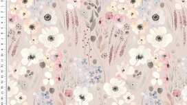 Roze tricot stof met aquarel bloemen Roze tricot stof met aquarel bloemen