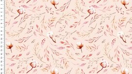 Zacht roze tricot stof met bladeren en katoen plant Zacht roze tricot stof met bladeren en katoen plant