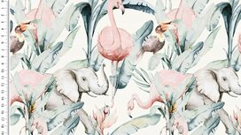 Ecru tricot stof met flamingo en olifant Ecru tricot stof met flamingo en olifant