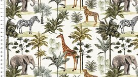 Ecru tricot stof met dieren en safari Ecru tricot stof met dieren en safari