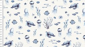 Ecru tricot stof met sealife in blauw Ecru tricot stof met sealife in blauw