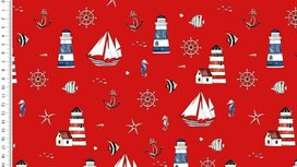 Rode tricot stof met marine thema Rode tricot stof met marine thema