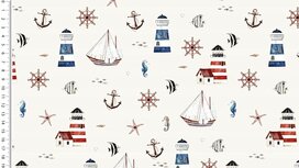 Ecru tricot stof met marine thema Ecru tricot stof met marine thema